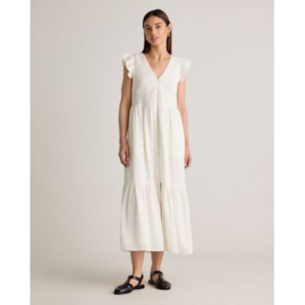 Quince Womens Organic Textured Cotton Smocked V-Neck Midi Dress White L